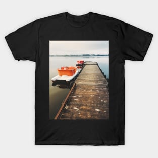 Two Paddleboats Tied to Wooden Pier in Early Morning Light T-Shirt